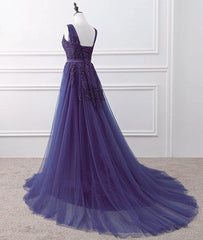 Homecomming Dresses Lace, Purple Tulle Beaded Long Formal Party Dress, Dark Purple Evening Dress