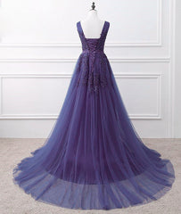 Homecoming Dresses Laces, Purple Tulle Beaded Long Formal Party Dress, Dark Purple Evening Dress