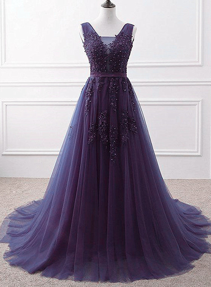 Homecoming Dress Lace, Purple Tulle Beaded Long Formal Party Dress, Dark Purple Evening Dress