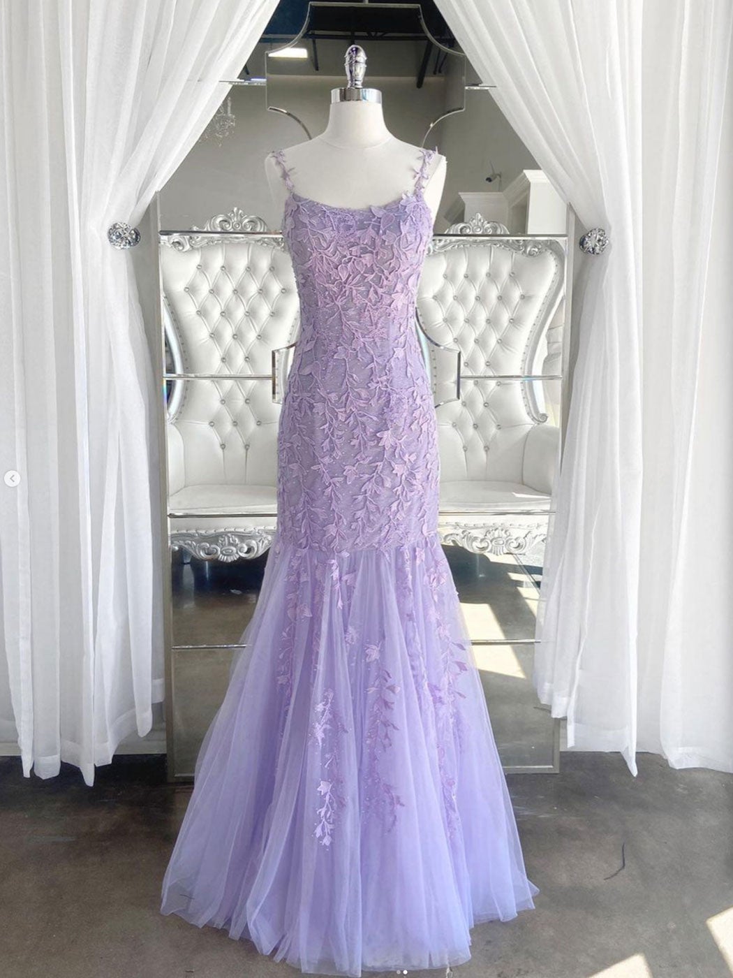 Prom Dresse Long, Purple tulle lace mermaid long prom dress, purple lace evening dress