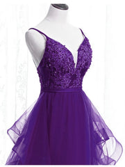 Prom Dress 2025, Purple Tulle Layers with Lace Long Evening Dresses, Purple Prom Dress Party Dresses
