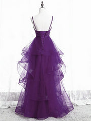 Prom Dresses2025, Purple Tulle Layers with Lace Long Evening Dresses, Purple Prom Dress Party Dresses