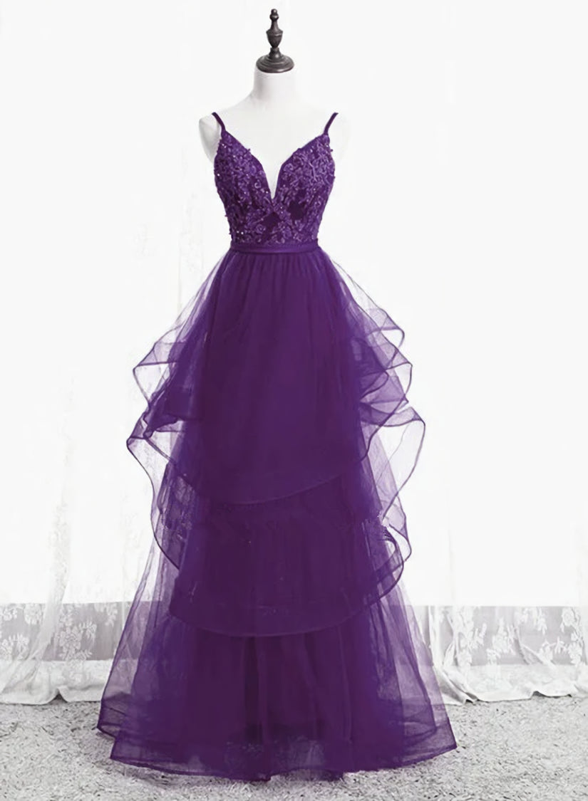 Prom Dressed 2025, Purple Tulle Layers with Lace Long Evening Dresses, Purple Prom Dress Party Dresses