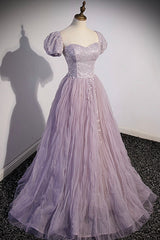 Prom Ideas, Purple Tulle Long A-Line Prom Dress, Purple Short Sleeve Evening Party Dress