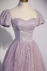Cute Summer Dress, Purple Tulle Long A-Line Prom Dress, Purple Short Sleeve Evening Party Dress