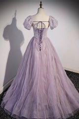 Homecoming, Purple Tulle Long A-Line Prom Dress, Purple Short Sleeve Evening Party Dress