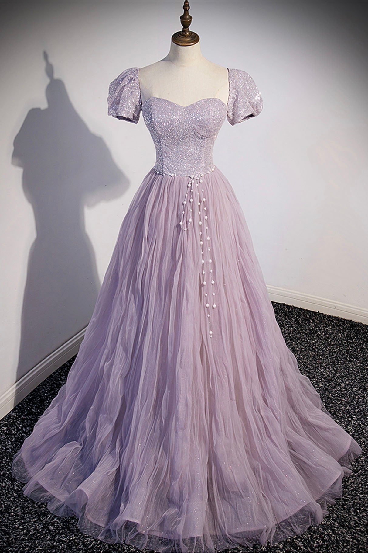 On Shoulder Dress, Purple Tulle Long A-Line Prom Dress, Purple Short Sleeve Evening Party Dress