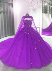Bridesmaid Dresses Long Sleeves, Purple Tulle Quinceanera Dress Lace Applique Beaded Cape, Purple Formal Dress Party Dress