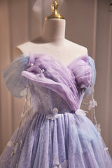Floral Dress, Purple Tulle Short Party Dress, Cute A-Line Off Shoulder Prom Dress