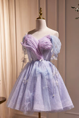 Yellow Prom Dress, Purple Tulle Short Party Dress, Cute A-Line Off Shoulder Prom Dress