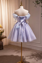 Vintage Prom Dress, Purple Tulle Short Party Dress, Cute A-Line Off Shoulder Prom Dress