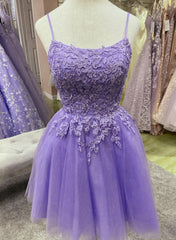 Bridesmaid Dresses Sales, Purple Tulle with Lace Short Straps Homecoming Dress, Purple Short Prom Dress
