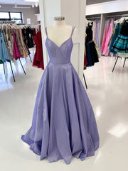 Prom Dresses Style, Purple v neck satin long prom dress, purple evening dress