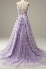 Party Dress Set, Light Purple Lace Applique A Line Spaghetti Straps Prom Dress Evening Gown
