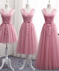 Homecoming Dresses Short, Pink Round Neck Lace Tulle Prom Dress, Lace Evening Dresses
