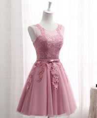Homecoming Dresses 2038, Pink Round Neck Lace Tulle Prom Dress, Lace Evening Dresses