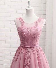 Homecoming Dress Online, Pink Round Neck Lace Tulle Prom Dress, Lace Evening Dresses