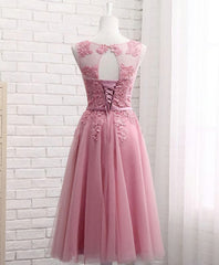 Homecoming Dress Elegant, Pink Round Neck Lace Tulle Prom Dress, Lace Evening Dresses