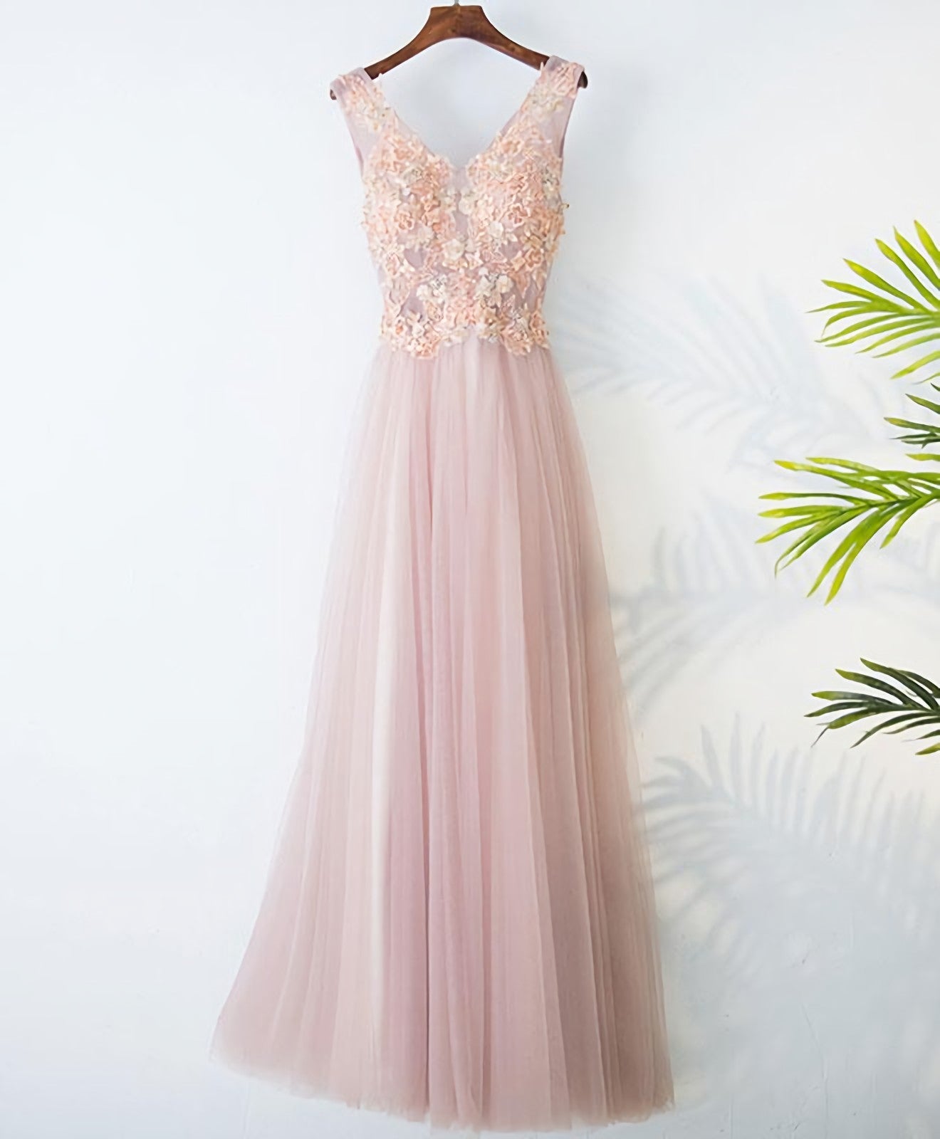 Homecoming Dresses Laces, Pink V Neck Lace Long Prom Dress, Evening Dress