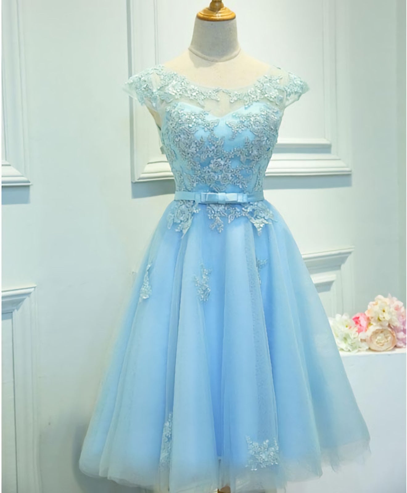 Evening Dress Sleeves, Light Blue Lace Tulle Short Prom Dress, Homecoming Dress