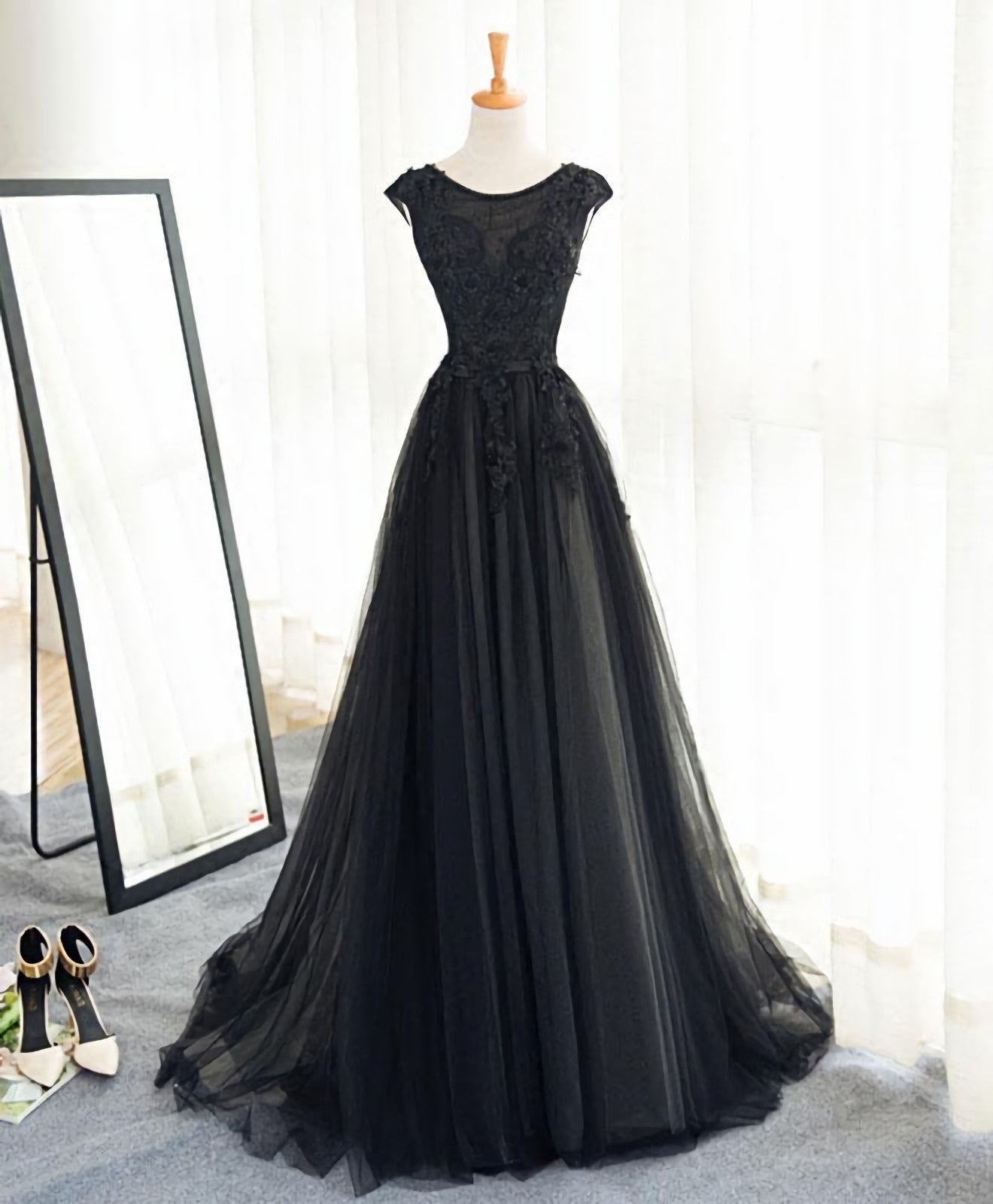 Homecoming Dress Sweetheart, Black A Line Tulle Lace Long Prom Dress, Evening Dress