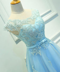 Evening Dress Open Back, Light Blue Lace Tulle Short Prom Dress, Homecoming Dress