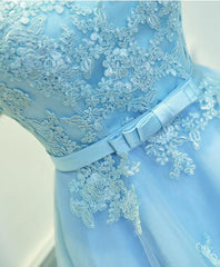 Evening Dress With Sleeve, Light Blue Lace Tulle Short Prom Dress, Homecoming Dress