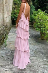 Prom Dresses Brown, A Line Straps Tiered Chiffon Floor Length Long Prom Dress Pink Bridesmaid Dress