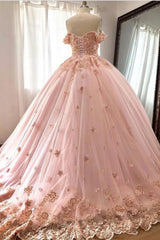 Wedding Dresses 2023, Quince Dresses Pink Ball Gowns Off the Shoulder Wedding Dress