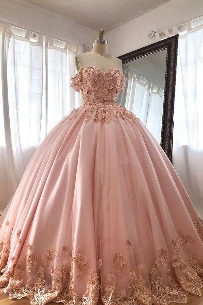 Wedding Dress Accessories, Quince Dresses Pink Ball Gowns Off the Shoulder Wedding Dress
