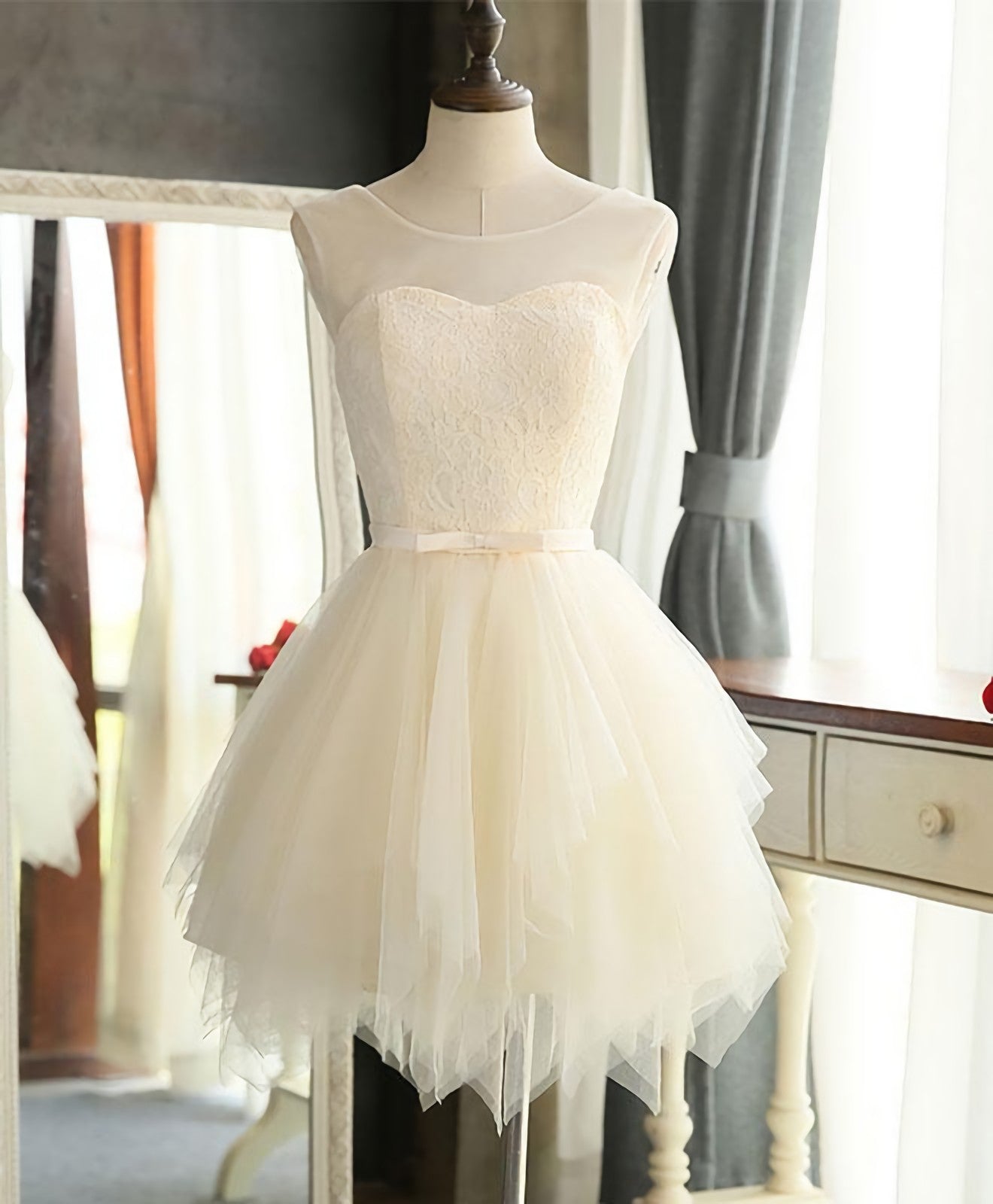 Formal Dress For Beach Wedding, Cute A Line Tulle Round Neck Mini Prom Dress, Evening Dress
