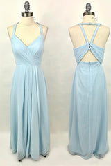 Formal Dress Websites, Halter Light Blue Chiffon A-line Long Bridesmaid Dress