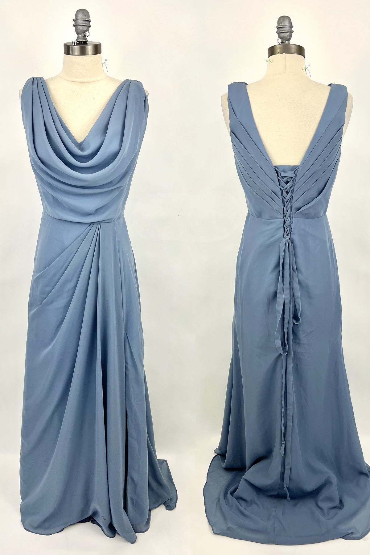 Flower Dress, Cowl Neck Misty Blue Chiffon A-line Long Bridesmaid Dress