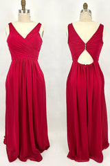 Party Dress Lace, Ruched Red V Neck A-line Long Bridesmaid Dress