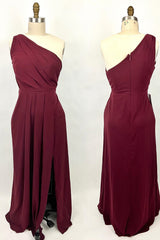 Party Dresses Lace, Ruched Wine Red One Shoulder A-line Long Bridesmaid Dress