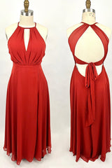 Party Dresses For Babies, Scoop Red A-line Chiffon Long Bridesmaid Dress with Open Back