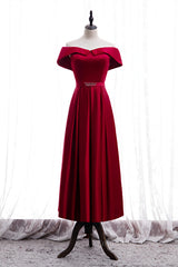 Homecomming Dresses Bodycon, Red A-line Fold Off-the-Shoulder Beaded Tea Length Formal Dress
