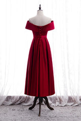 Homecomming Dress With Sleeves, Red A-line Fold Off-the-Shoulder Beaded Tea Length Formal Dress