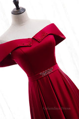 Homecoming Dress With Sleeves, Red A-line Fold Off-the-Shoulder Beaded Tea Length Formal Dress