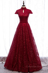 Homecoming Dress Floral, Red A-line High Neck Cap Sleeves Cut-Out Sparkle-Embroidered Maxi Formal Dress