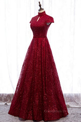Homecomming Dresses Floral, Red A-line High Neck Cap Sleeves Cut-Out Sparkle-Embroidered Maxi Formal Dress