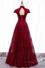 Homecoming Dresses Floral, Red A-line High Neck Cap Sleeves Cut-Out Sparkle-Embroidered Maxi Formal Dress