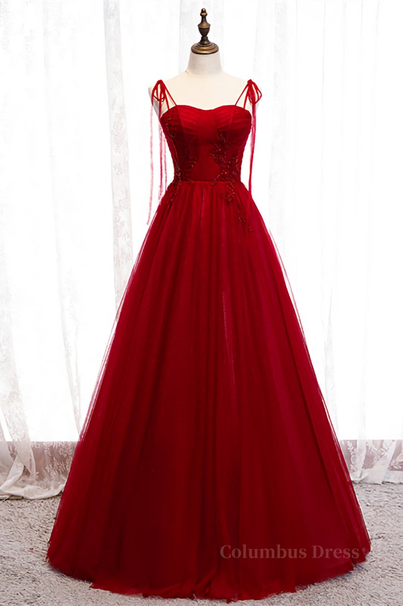 Homecoming Dresses Lace, Red A-line Pleated Bow Tie Double Straps Beaded Appliques Maxi Formal Dress