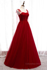 Homecoming Dress Lace, Red A-line Pleated Bow Tie Double Straps Beaded Appliques Maxi Formal Dress