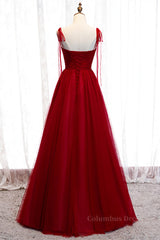 Homecomming Dresses Lace, Red A-line Pleated Bow Tie Double Straps Beaded Appliques Maxi Formal Dress