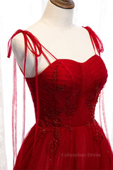 Homecoming Dresses Laces, Red A-line Pleated Bow Tie Double Straps Beaded Appliques Maxi Formal Dress