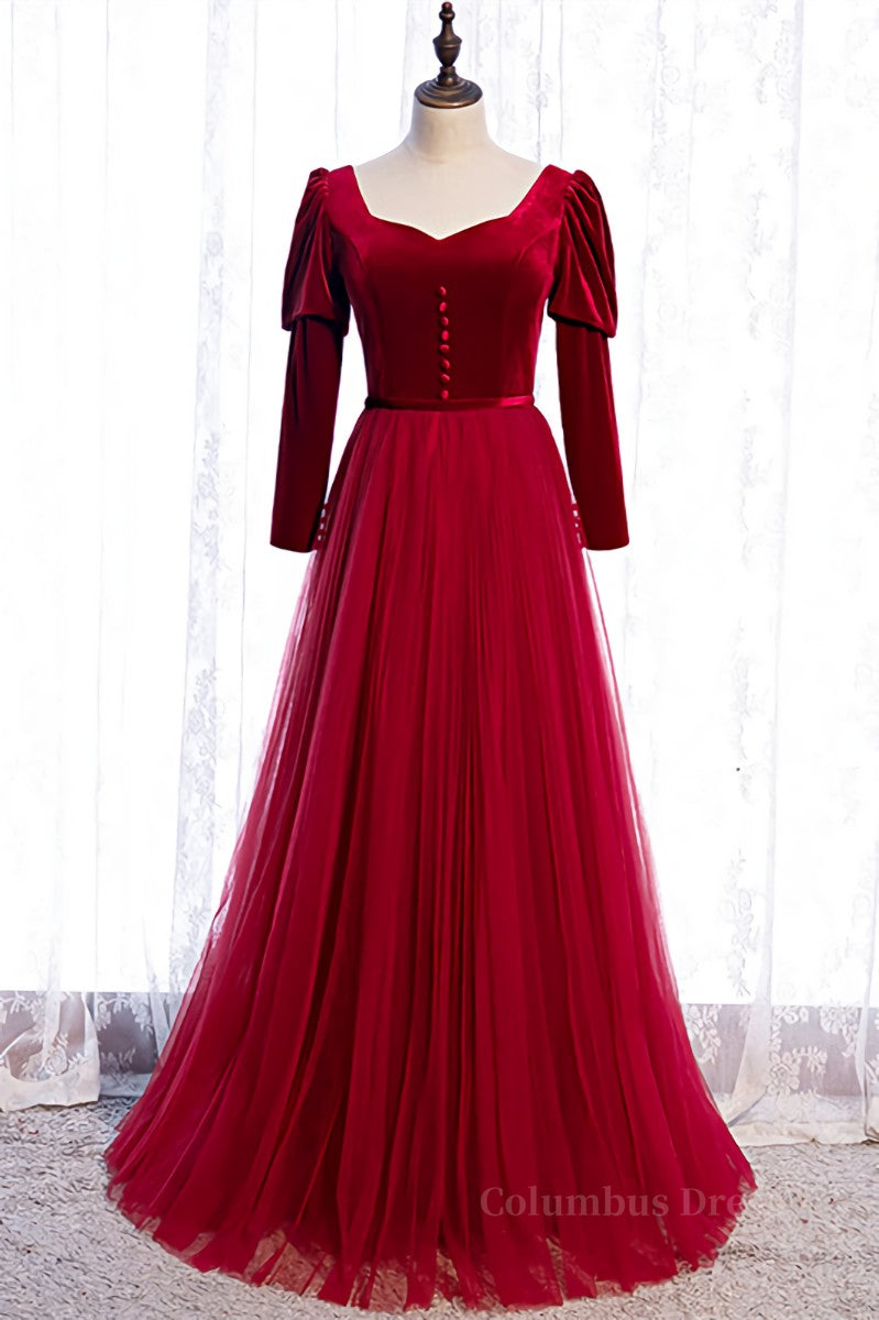 Homecoming Dresses 2023, Red A-line Puff Long Sleeves Lace-Up Maxi Formal Dress with Buttons