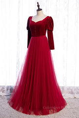 Homecoming Dress Elegant, Red A-line Puff Long Sleeves Lace-Up Maxi Formal Dress with Buttons