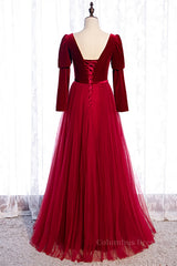 Homecoming Dresses Elegant, Red A-line Puff Long Sleeves Lace-Up Maxi Formal Dress with Buttons