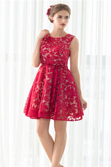 Party Dresses Long Sleeve, Red A-line Sleeveless Short Lace Homecoming Dresses